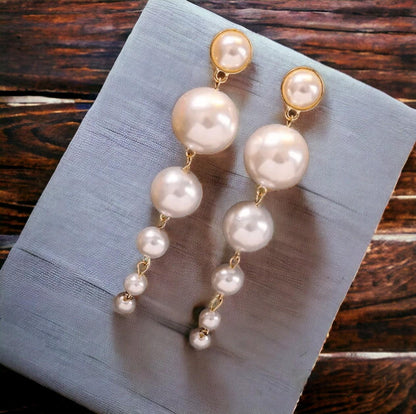 Elegant Long Gold Plated Pearl Dropping Earrings