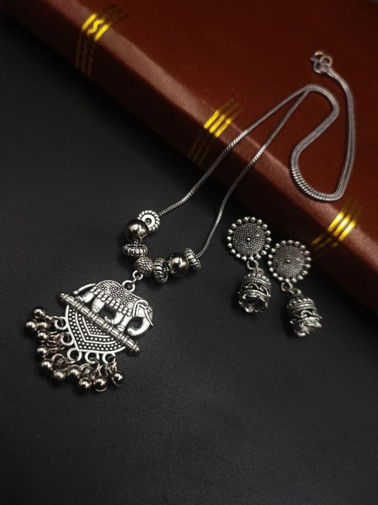 Oxidised Elephant Design Chain Necklace With Jhumka Earrings