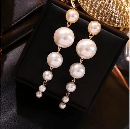 Elegant Long Gold Plated Pearl Dropping Earrings