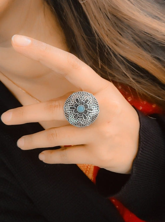 Designer Made Silver Plated Round Oxidised Stone Work Rings