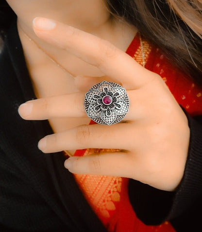 Designer Made Silver Plated Round Oxidised Stone Work Rings