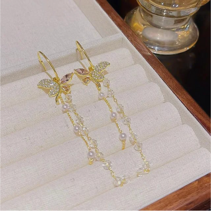 Shiny Faux Crystal Rhinestone Butterflies Shape Crystal Pearl Earrings