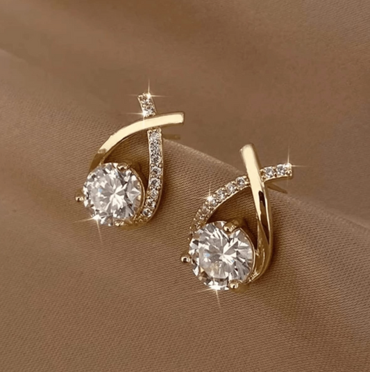 Crystal Cross Cubic Zirconia Gold Plated Diamond Stud Earrings