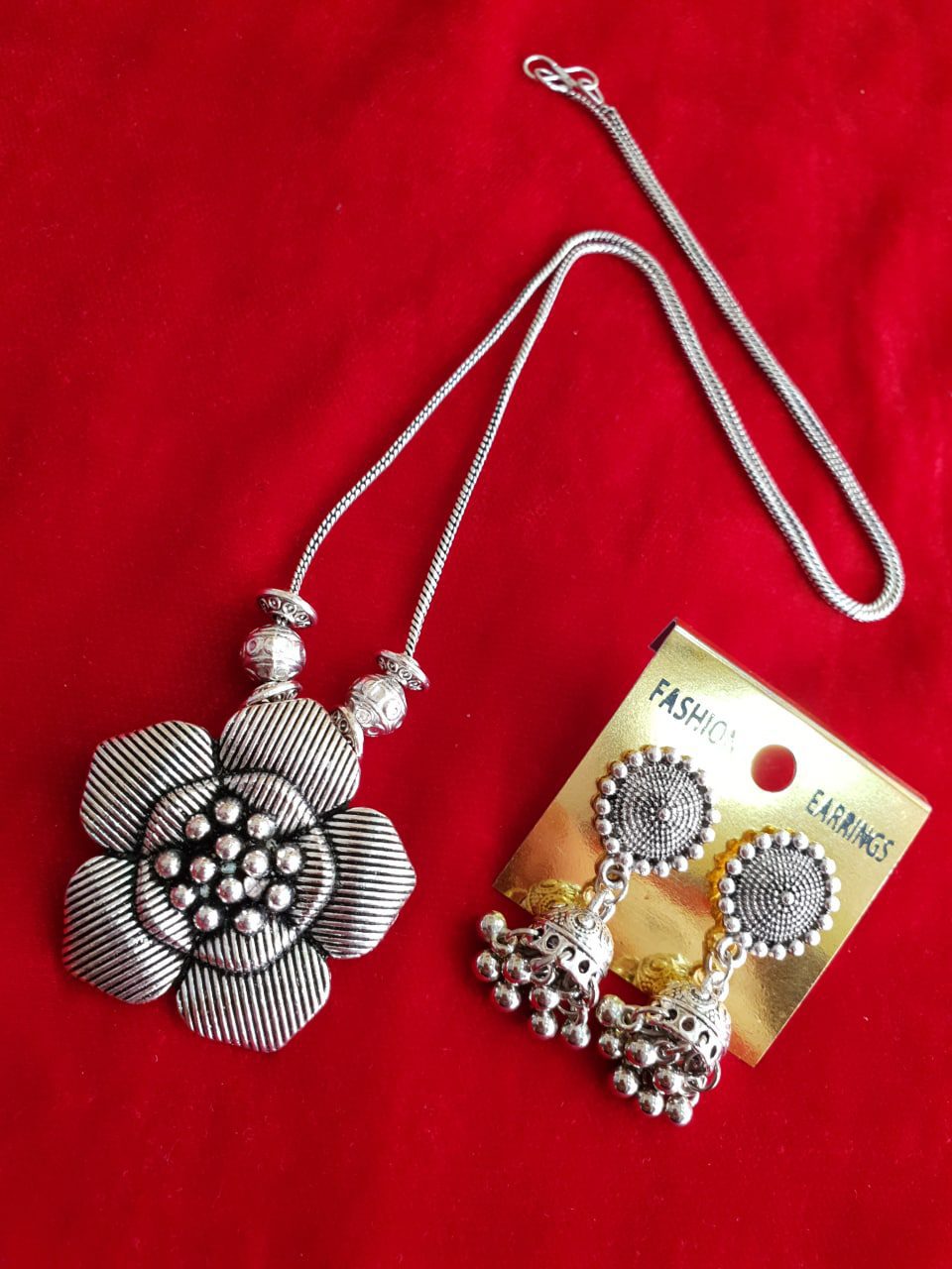 Oxidised Flower Design Chain Necklace With Jhumka Earrings