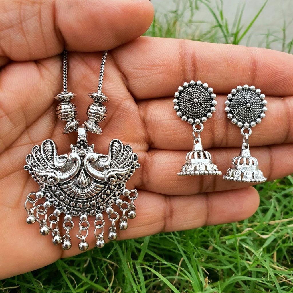 Oxidised Peacock Chain Necklace With Adorable Jhumka Earrings