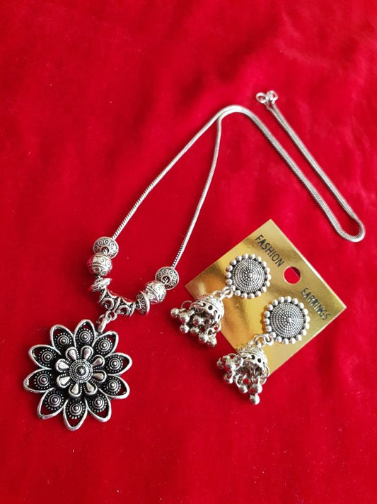 Oxidised Flower Shape Chain Necklace With Jhumka Earrings