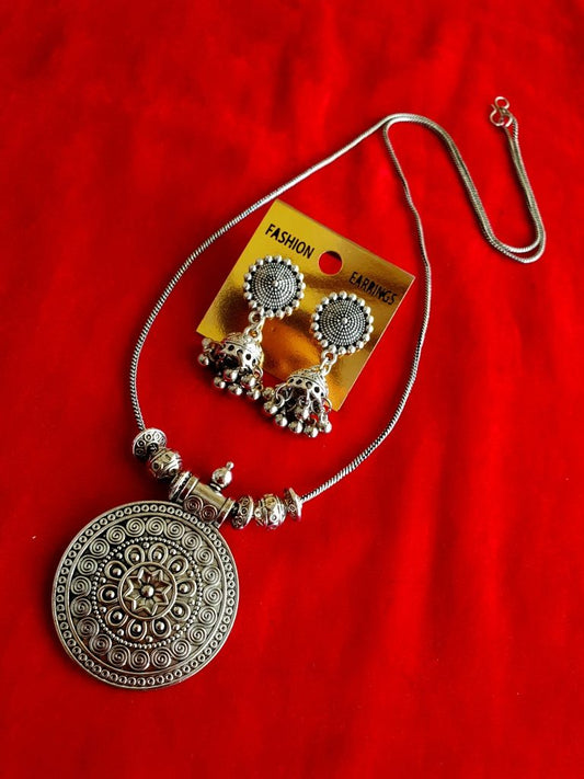 Coin Shape Oxidised Chain Necklace With Jhumka Earrings