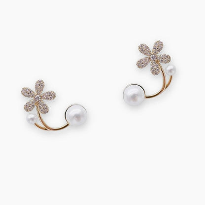 Gold Plated Crystal Flower with Crystal Pearl Ear Jackets