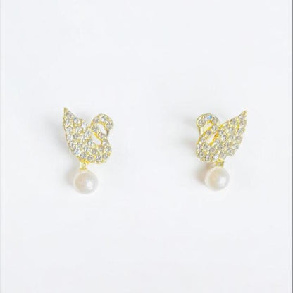 Pearl and Cubic Zirconia Studded Swan Shape Stud Earrings