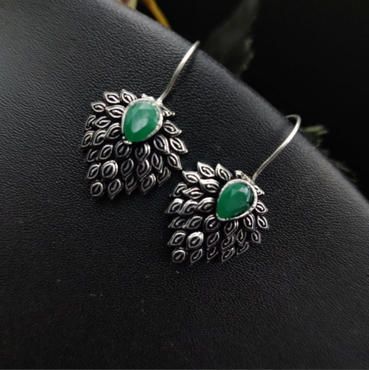 Daily Wear Oxidised Stone Feather Style Hook Earrings