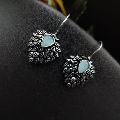 Daily Wear Oxidised Stone Feather Style Hook Earrings