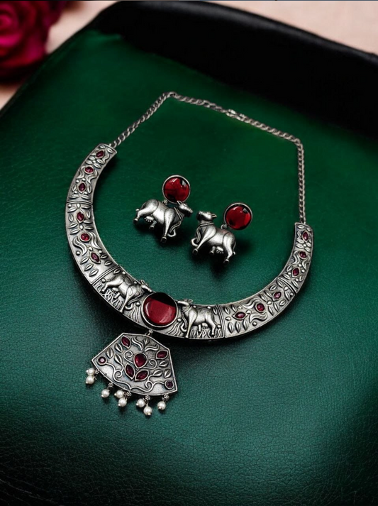 Silver Replica Hasli Necklace | Premium Oxidised Nandi Design