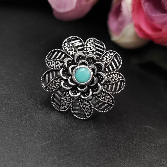 Designer Flower Silver Plated Round Oxidised Stone Work Rings