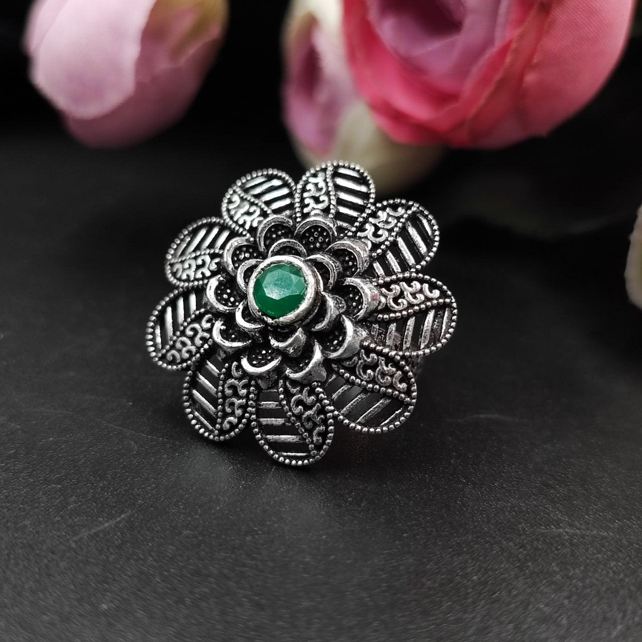 Designer Flower Silver Plated Round Oxidised Stone Work Rings