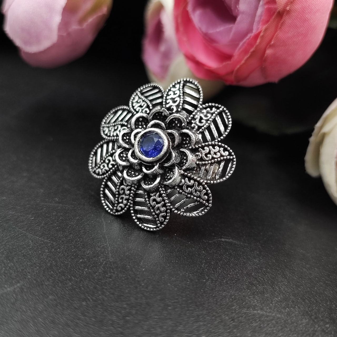 Designer Flower Silver Plated Round Oxidised Stone Work Rings