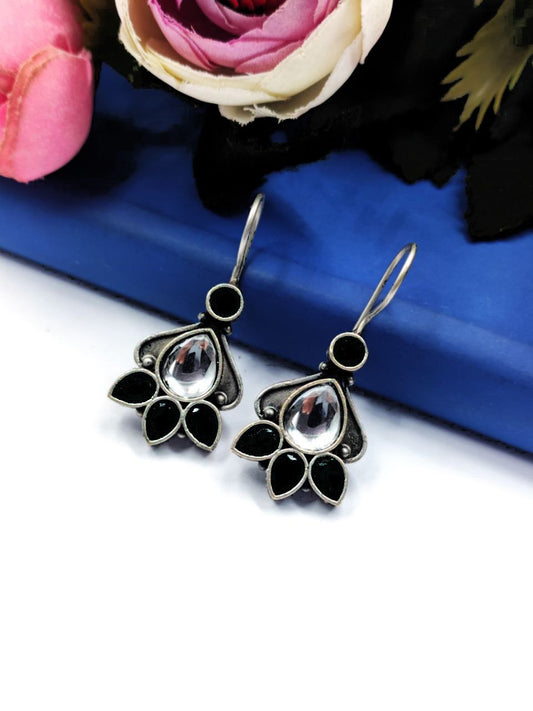 Designer Oxidised Stone Work Hook Earrings