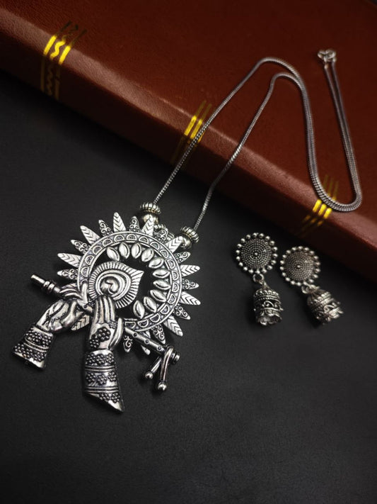 Lord Krishna Flute Pendent Oxidised Necklace With Jhumka