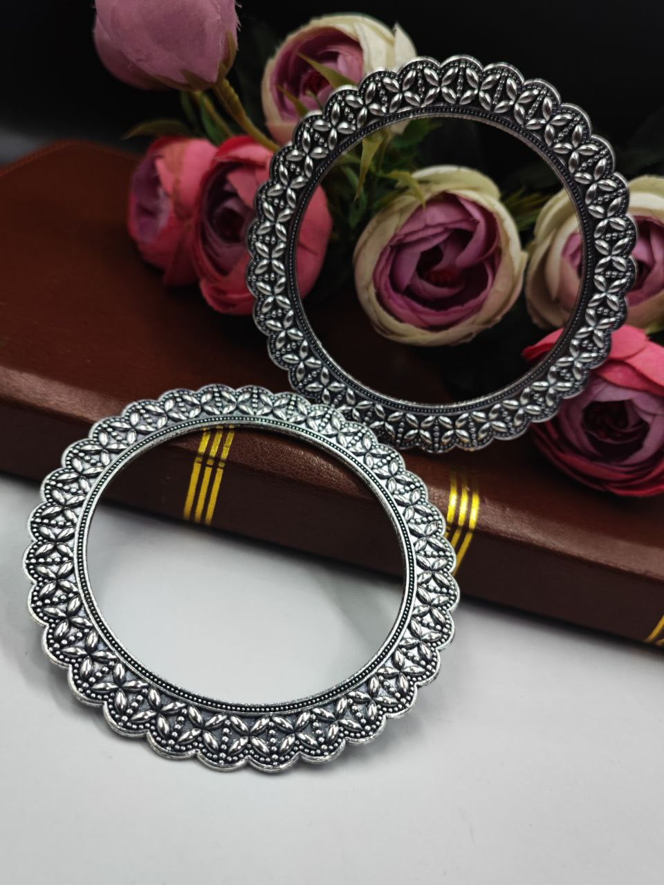 Oxidised Bangle – Beautiful Flower Design German Silver Chudiya