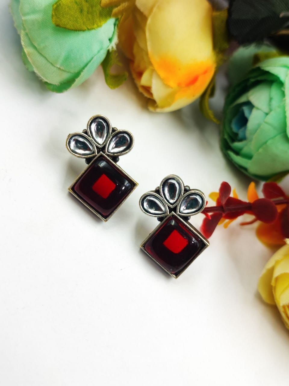 Oxidised Silver Replica Stone Studs Earrings