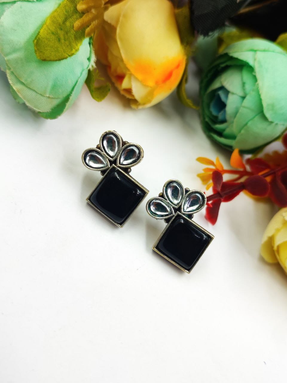 Oxidised Silver Replica Stone Studs Earrings