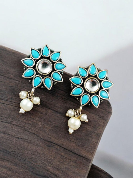 Silver Replica Flower Studs With Pearl Beads