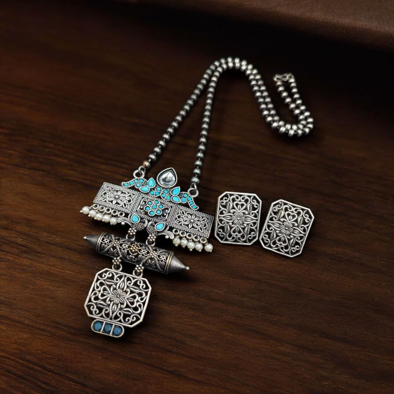 Silver Look Necklace Set | Premium Unique Oxidised Pendant With Earrings