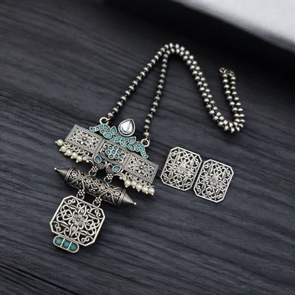 Silver Look Necklace Set | Premium Unique Oxidised Pendant With Earrings