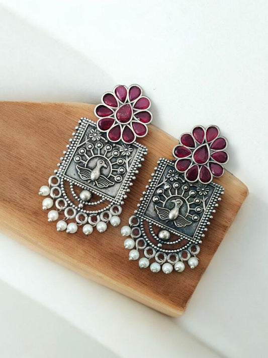 Silver Replica Peacock Antique Stone Stud Earrings