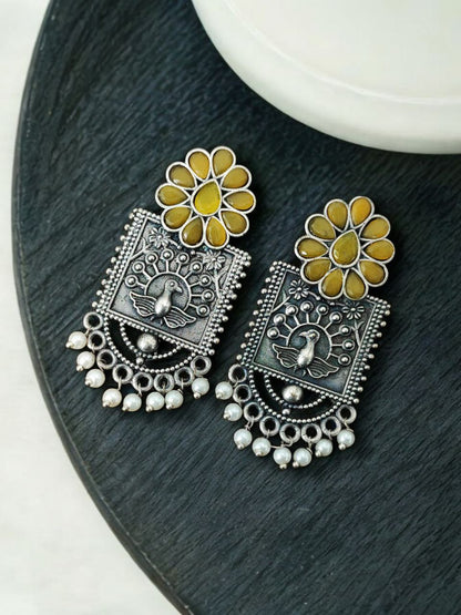 Silver Replica Peacock Antique Stone Stud Earrings