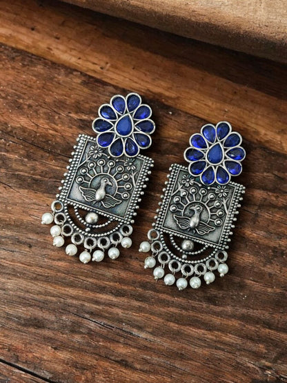 Silver Replica Peacock Antique Stone Stud Earrings