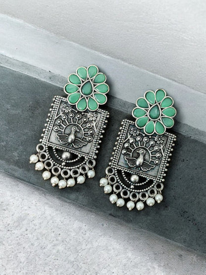 Silver Replica Peacock Antique Stone Stud Earrings