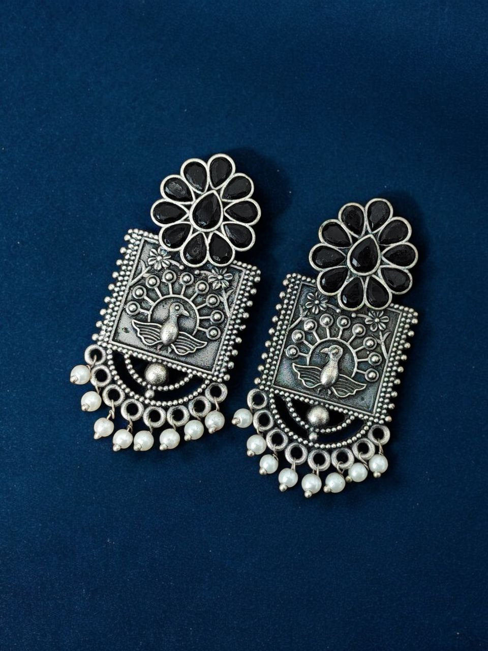 Silver Replica Peacock Antique Stone Stud Earrings