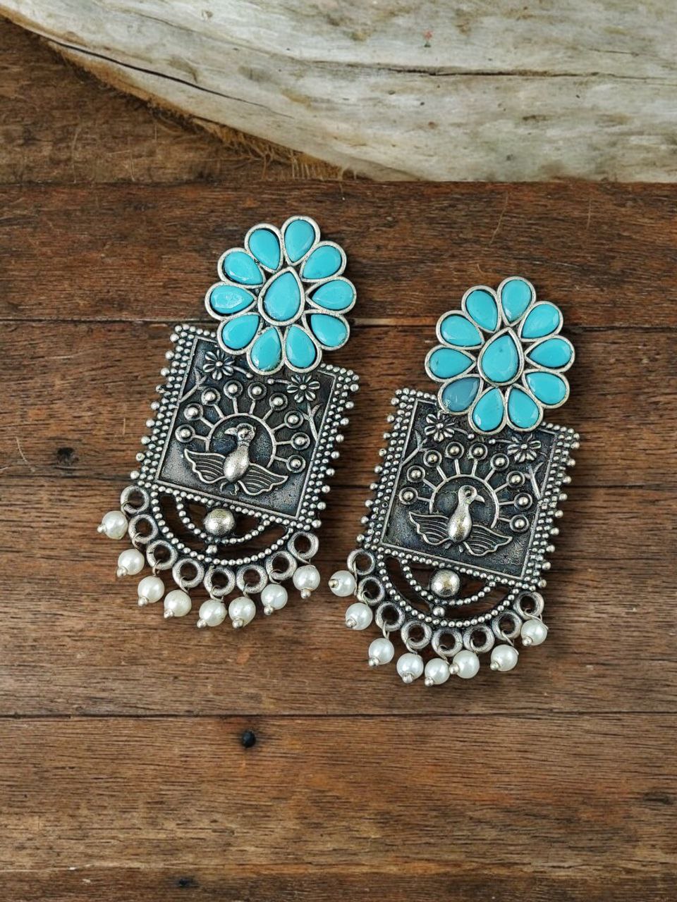 Silver Replica Peacock Antique Stone Stud Earrings