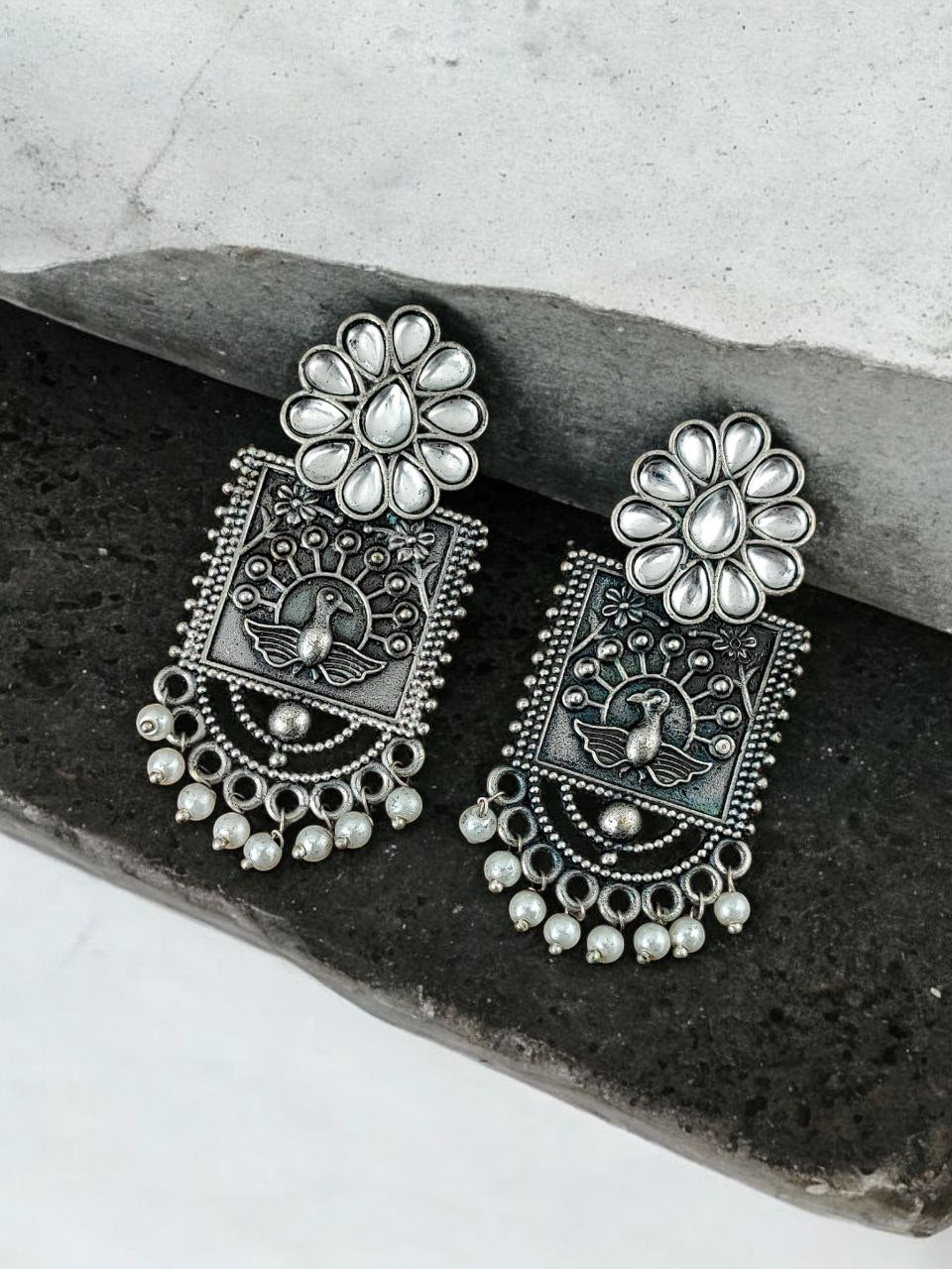 Silver Replica Peacock Antique Stone Stud Earrings